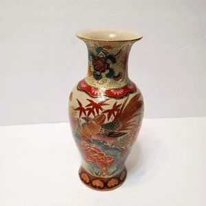 Vintage Hand painted Oriental Vase, Satsuma Moriage Asian Porcelain Bird Floral